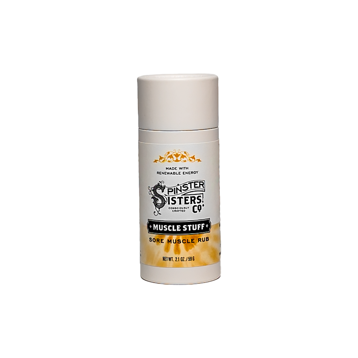Tube of Spinster Sisters Co. Muscle Stuff sore muscle rub on a white background